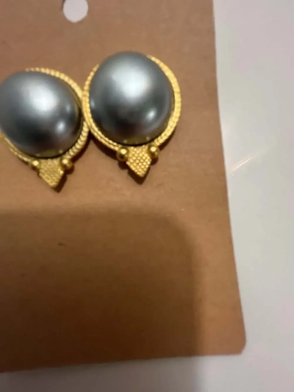 Vintage Nolan Miller Faux Gray Pearl Gold Tone Stud Earrings